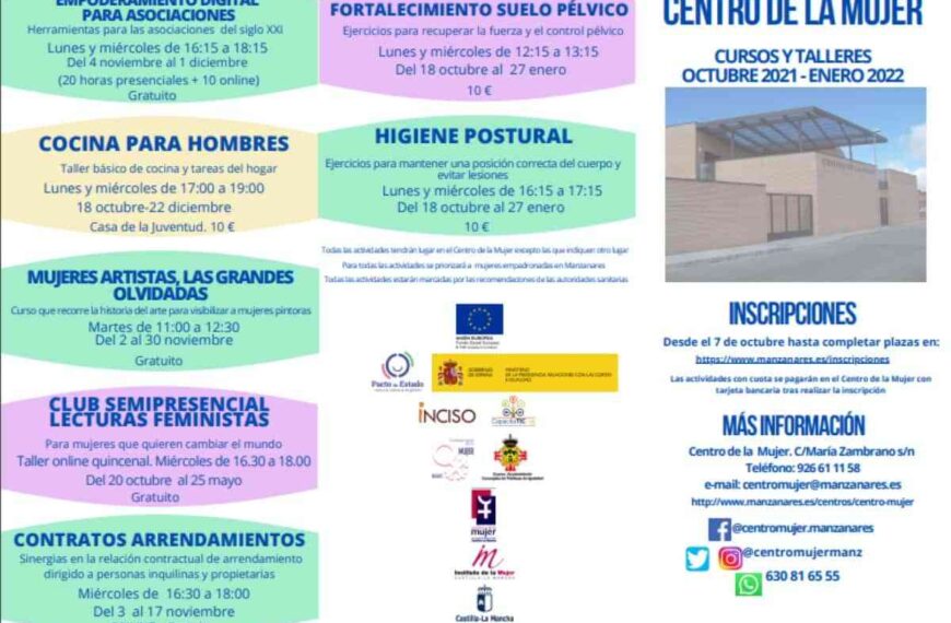 Abierta la inscripción para los cursos del Centro de la Mujer de Manzanares