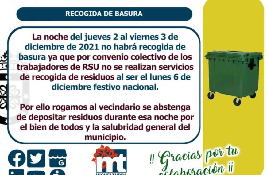 La noche del jueves 2 al viernes 3 de diciembre no habrá recogida de basura en Miguelturra