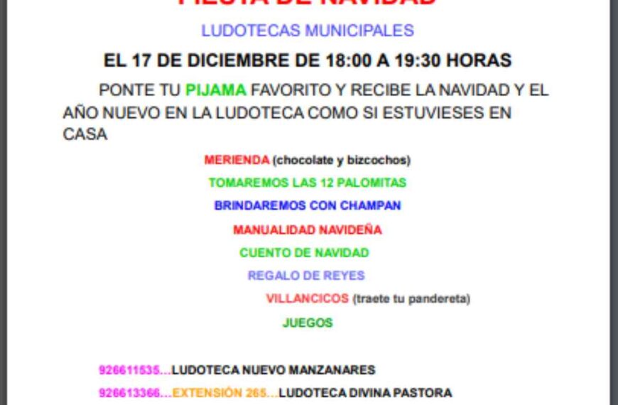 Fiesta de Navidad de las ludotecas municipales de Manzanares el 17 de diciembre de 18 a 19:30 horas