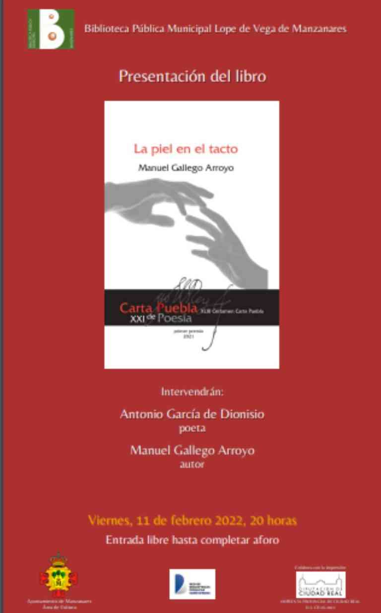 Presentarán el libro “La piel en el tacto” de Manuel Gallego Arroyo el 11 de febrero en la Biblioteca Municipal de Manzanares