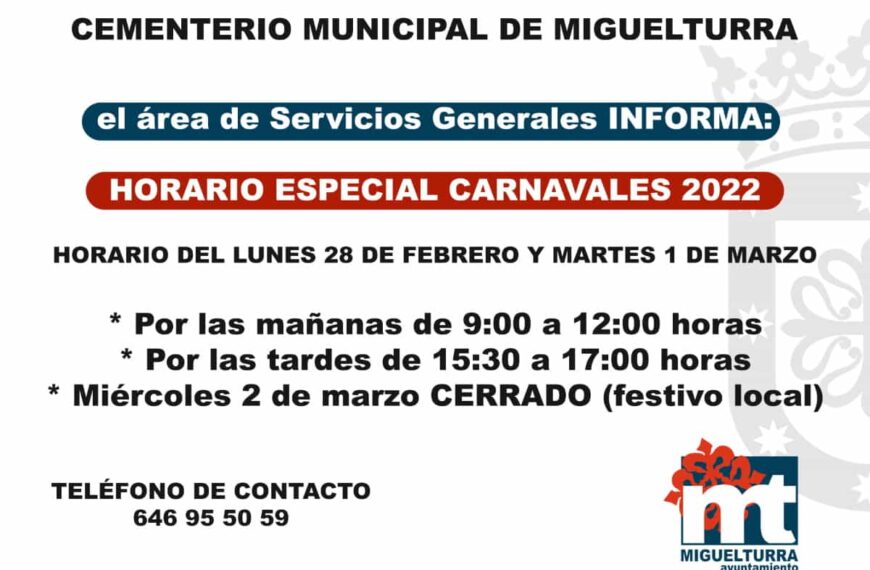 Horarios del Cementerio Municipal de Miguelturra durante las fechas del Carnaval 2022