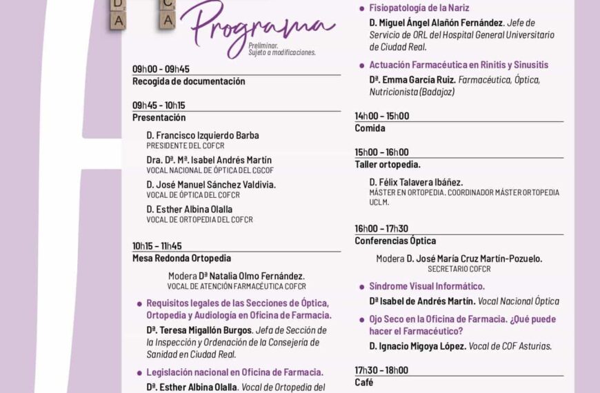 El Colegio de Farmacéuticos de Ciudad Real organiza su 1ª Jornada de Óptica, Ortopedia, Audiología y ORL el próximo 19 de mayo