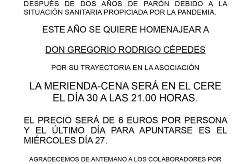 Este sábado 30 de julio será la tradicional merienda-cena de la Asociación de Jubilados y Jubiladas de Miguelturra