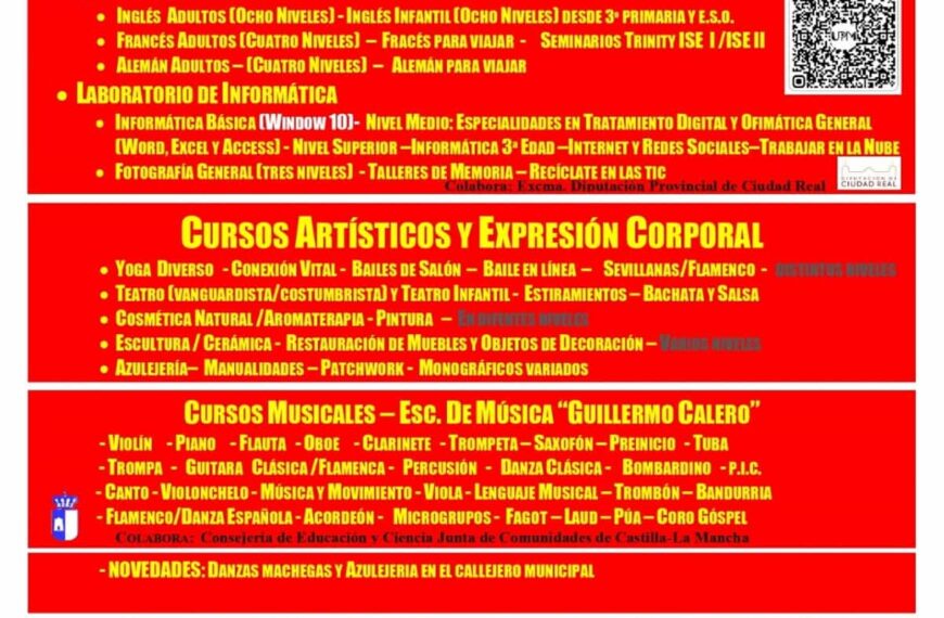 Del 1 al 6 de septiembre se puede solicitar plaza para participar en los cursos de la Universidad Popular de Manzanares