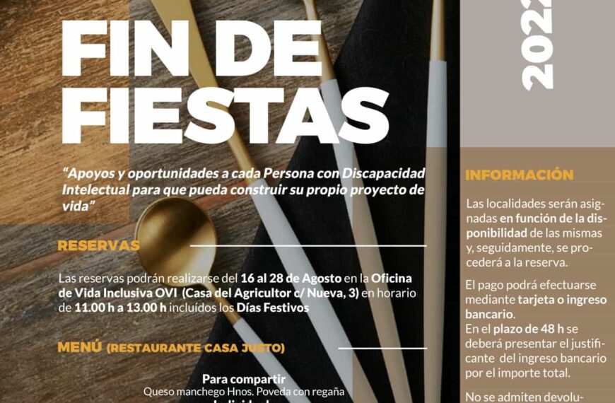 La reserva de localidades para la Cena Fin de Fiestas de la Feria de Tomelloso 2022 a beneficio de AFAS del 16 al 28 de agosto