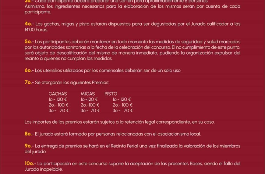 XV Concurso Local de Gachas, Migas y Pisto en la explanada del Recinto Ferial de Tomelloso el domingo 23 de octubre