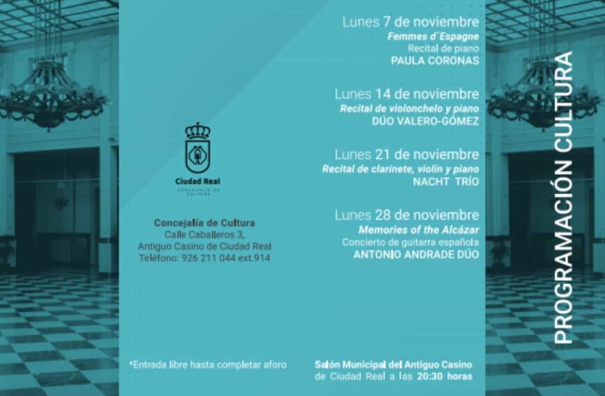 Recital de clarinete, violín y piano el 14 de noviembre y “Memories of the Alcazar” el 28 de noviembre en los Lunes Musicales de Ciudad Real
