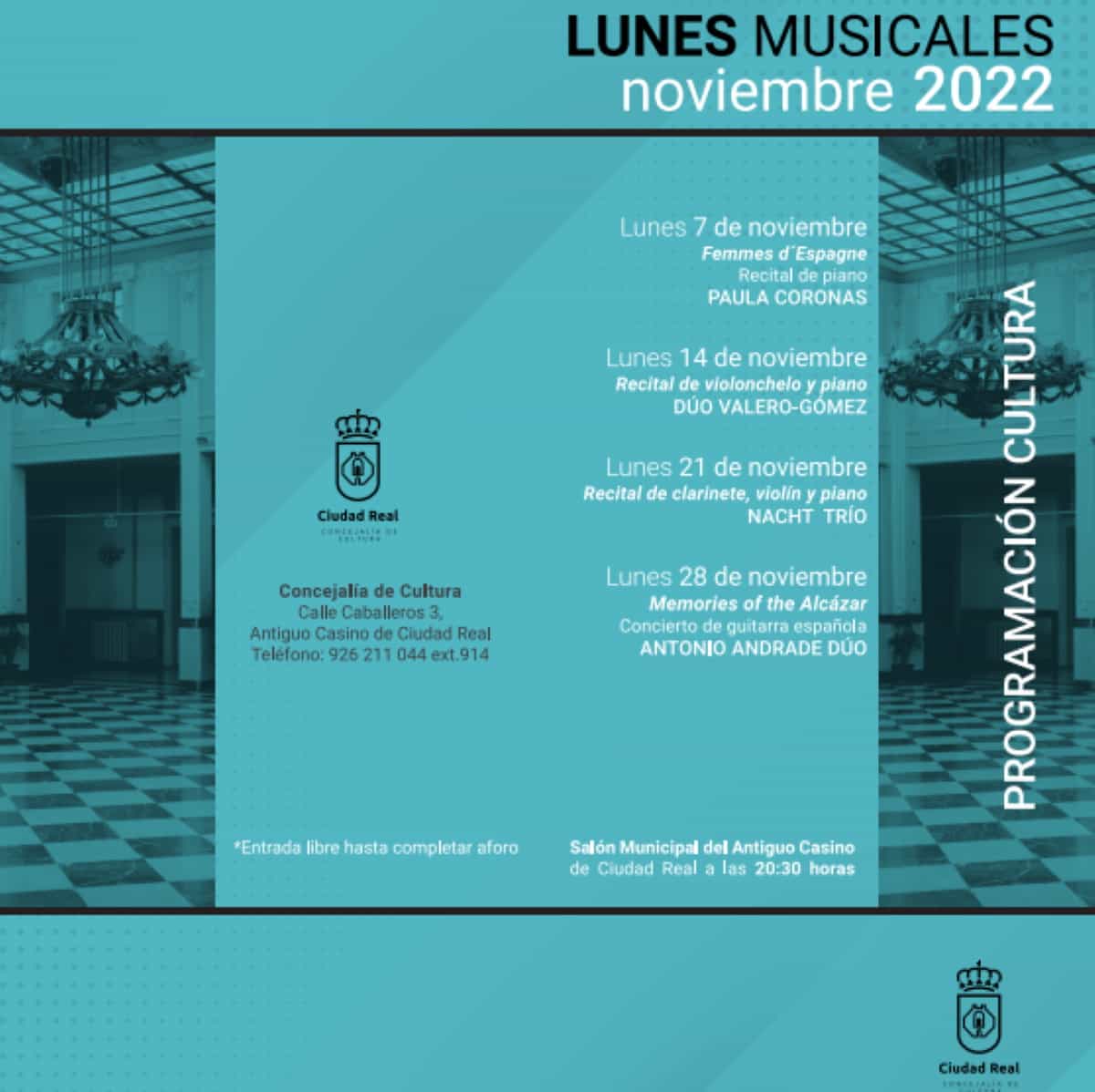 Recital de clarinete, violín y piano el 14 de noviembre y “Memories of the Alcazar” el 28 de noviembre en los Lunes Musicales de Ciudad Real