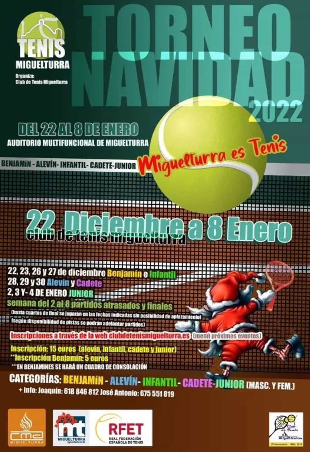 Torneo especial de Navidad de tenis del 22 de diciembre al 8 de enero en Miguelturra abierta la inscripción