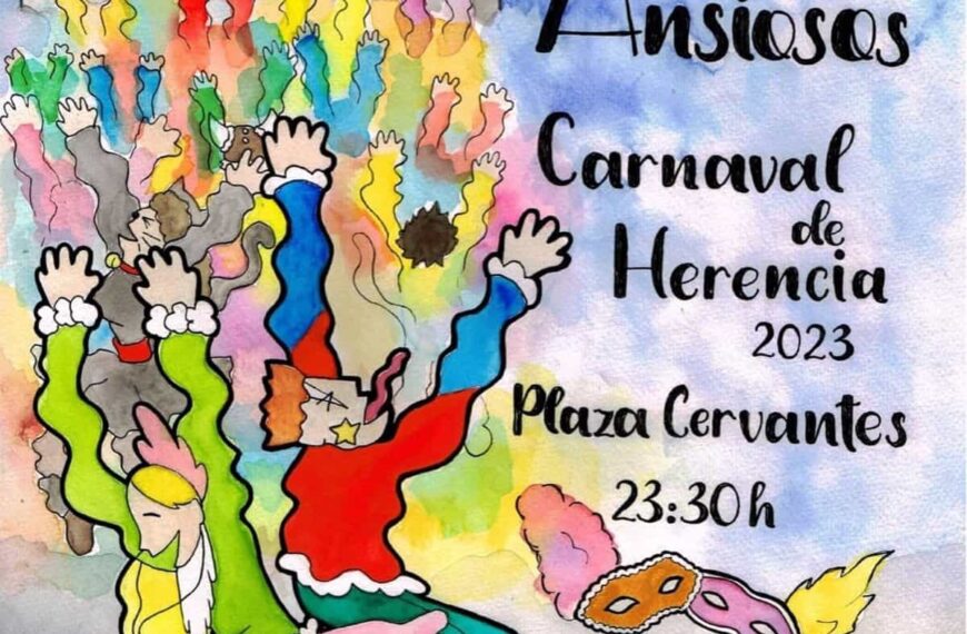 Acuarela dando vida a una "multitud disfrazada", en el cartel de Úbeda-Contreras para el Carnaval de Herencia