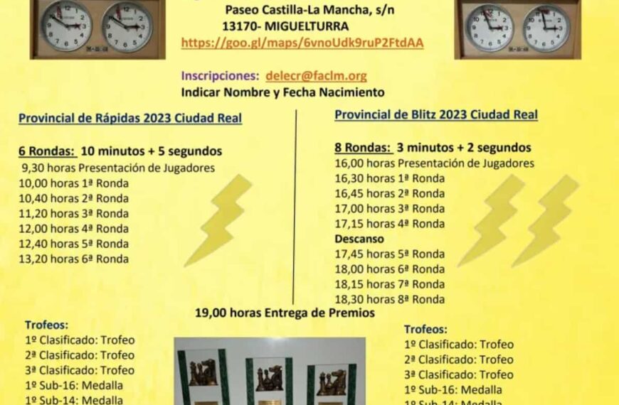 Campeonatos provinciales de ajedrez de Partidas Rápidas y Blitz el 15 de enero en el Estadio Municipal de Deportes de Miguelturra