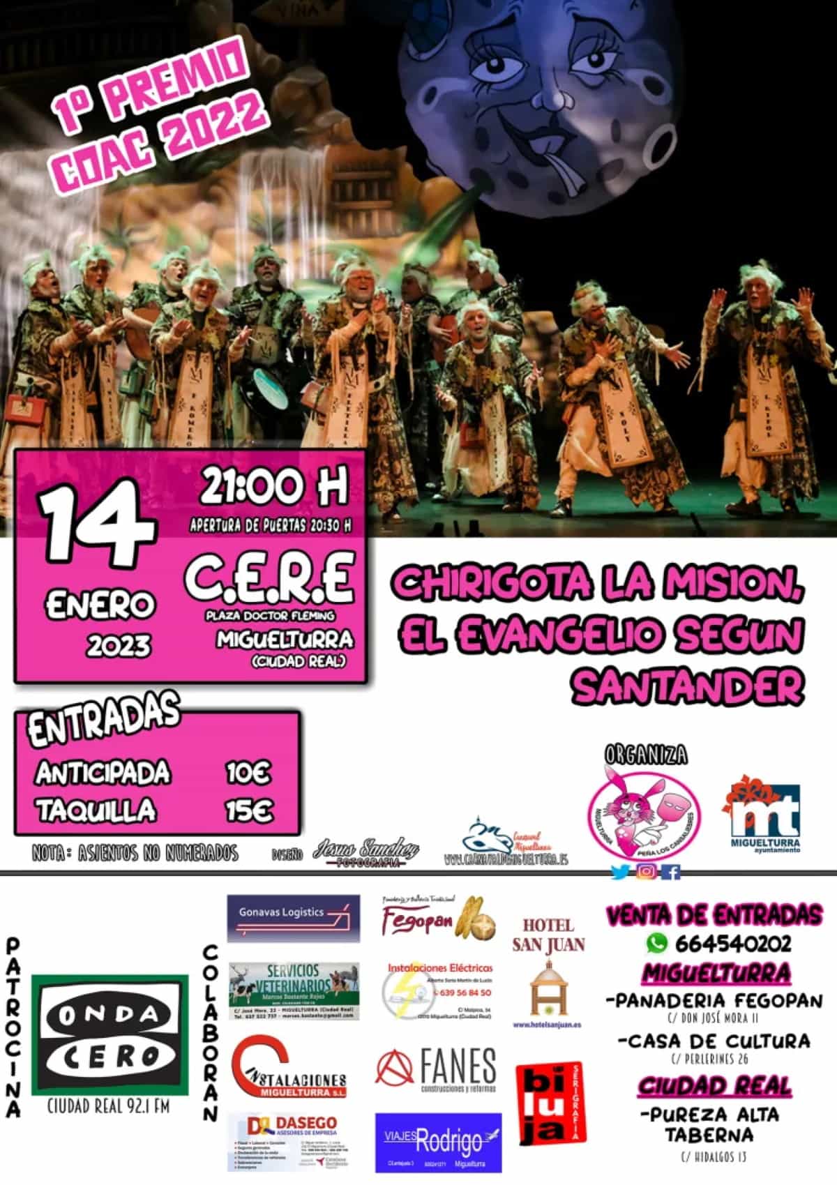 Chirigota de Cádiz «La Misión, el Evangelio según Santander»  el 14 de enero en el CERE de Miguelturra entradas a 15 y 10 euros