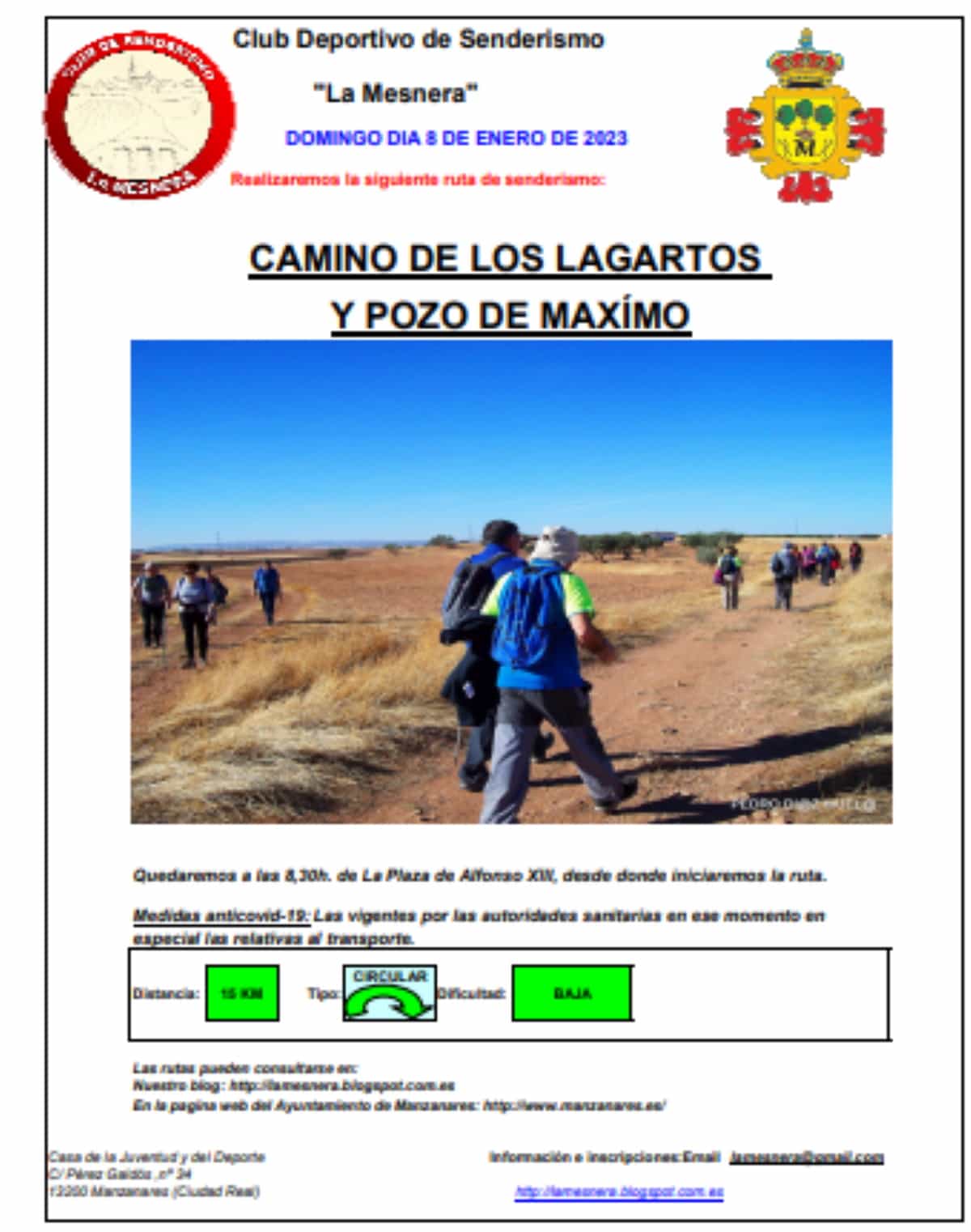 Ruta de senderismo a Camino de los Lagartos y Pozo de Máximo el 8 de enero del Club de Senderismo La Mesnera de Manzanares