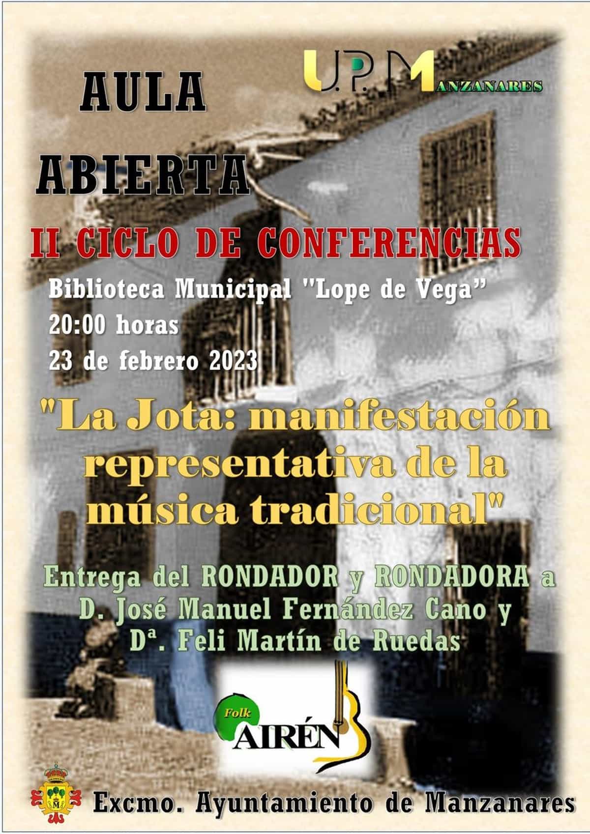 Aula Abierta de la Universidad Popular con entrega de galardones Rondador y Rondadora hoy, 23 de febrero,  en Manzanares