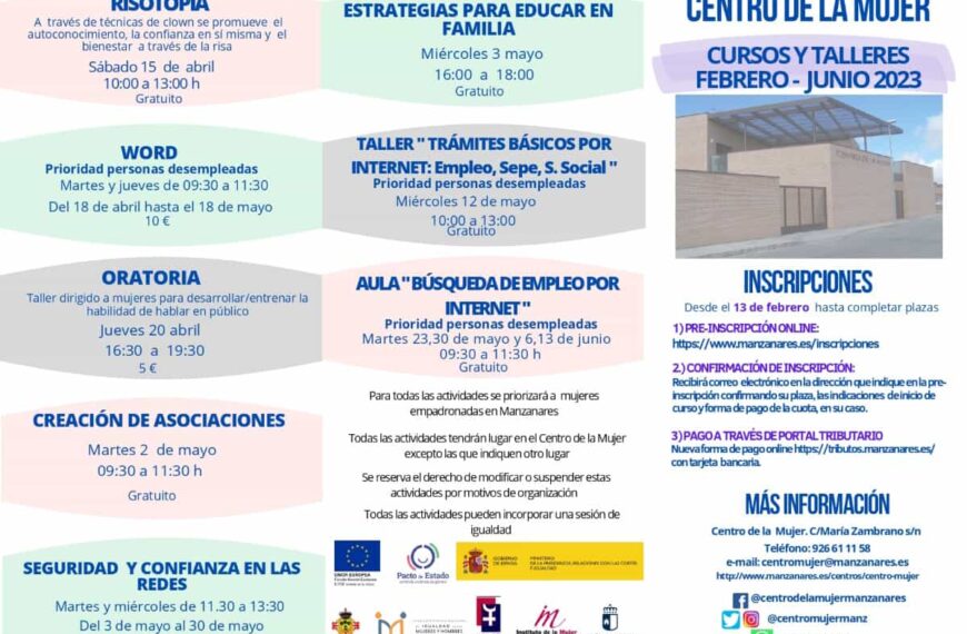 23 propuestas formativas dentro de la nueva programación para los próximos meses del Centro de la Mujer de Manzanares