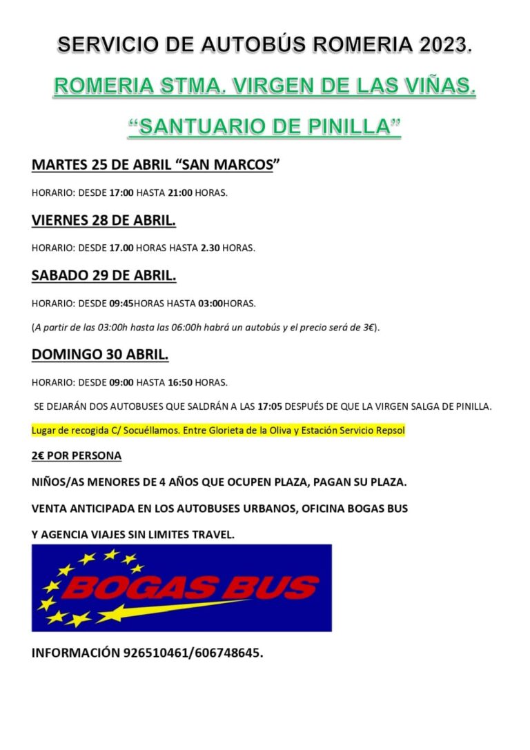 Para viajar al Santuario de Pinilla recomiendan a tomelloseros y visitantes utilizar el transporte público y estos son los horarios