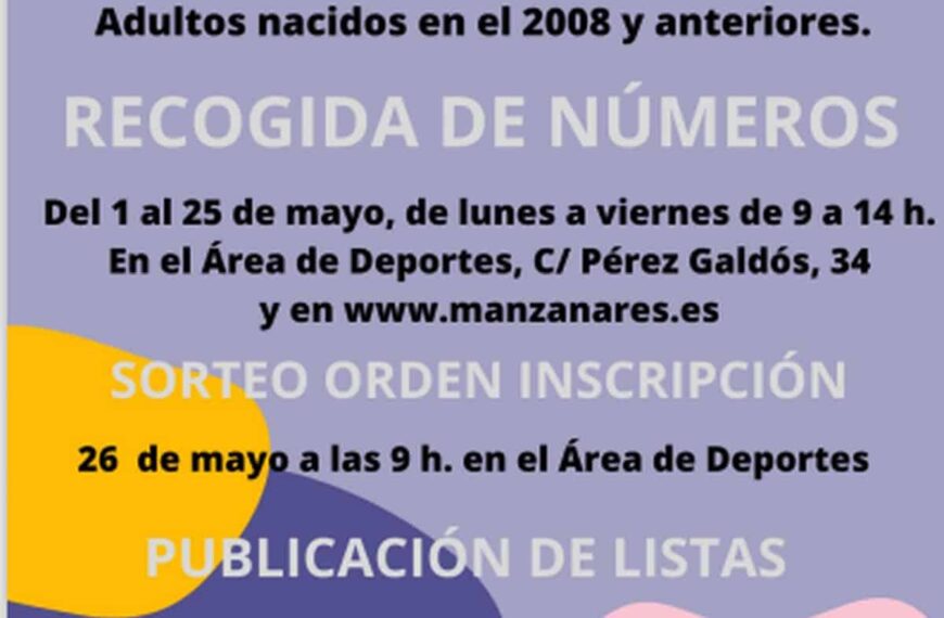 Recogida de números cursos de natación verano 2023 del 1 al 25 de mayo en Casa del Deporte de Manzanares