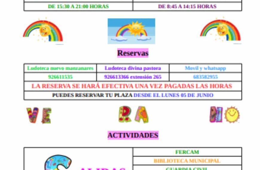 Ludotecas municipales de Manzanares para las vacaciones de verano desde el 21 de junio y hasta el inicio del nuevo curso