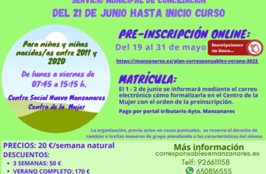 Plan Corresponsables -Concilia en vacaciones verano 2023- desde el 21 de junio y hasta el inicio del curso en Manzanares