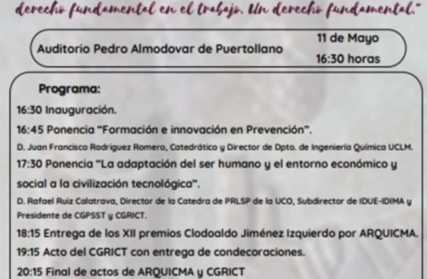 Los premios Clodoaldo Jiménez y del CGRITCT se entregarán en Puertollano el 11 de mayo Día Mundial de la Seguridad y Salud el Trabajo