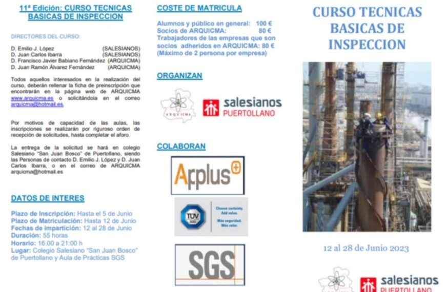 Abierta la inscripción para el curso de técnicas básicas de inspección de Arquicma del 13 al 28 de junio en Puertollano