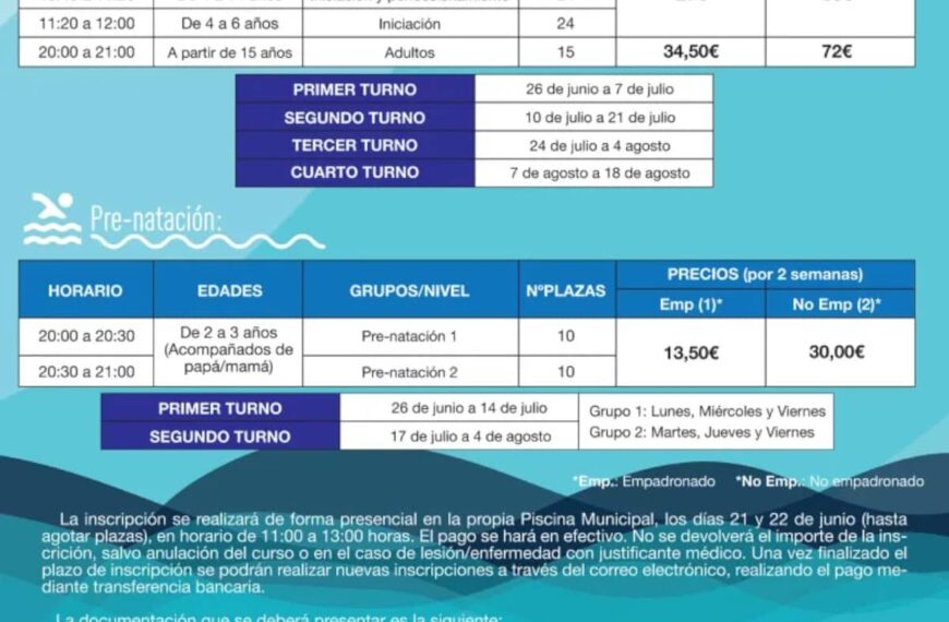 Inscripción a los cursos de natación verano 2023: niveles de iniciación, perfeccionamiento, adultos y pre-natación en Miguelturra