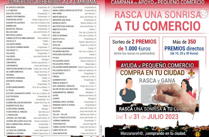 Campaña “Rasca una sonrisa a tu comercio” del 1 al 31 de julio 2023 en Manzanares, apoya al pequeño comercio