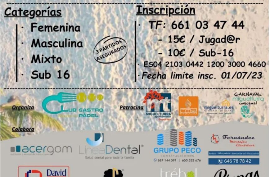 IV torneo de pádel playa del Club de Pádel de Miguelturra del 6 al 9 de julio a beneficio de la Federación Española del «Síndrome X frágil»
