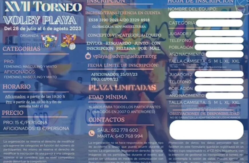 XVII Torneo de Vóley Playa del 28 de julio al 6 de agosto en el Parque Rivas Moreno de Miguelturra