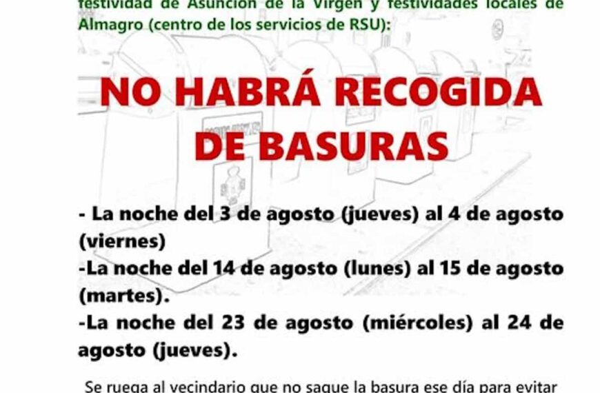 Por festividad de la Asunción de la Virgen no habrá recogida de basura del 14 al 15 de agosto en Manzanares y del 23 al 24 de agosto