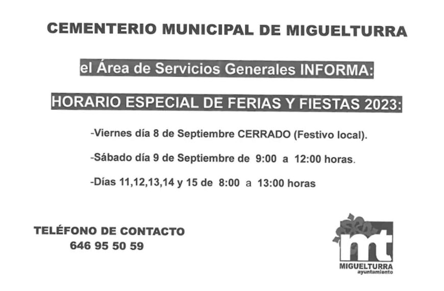 Horario especial en el cementerio municipal de Miguelturra del 8 al 15 de septiembre por la  celebración de las Ferias y Fiestas 2023