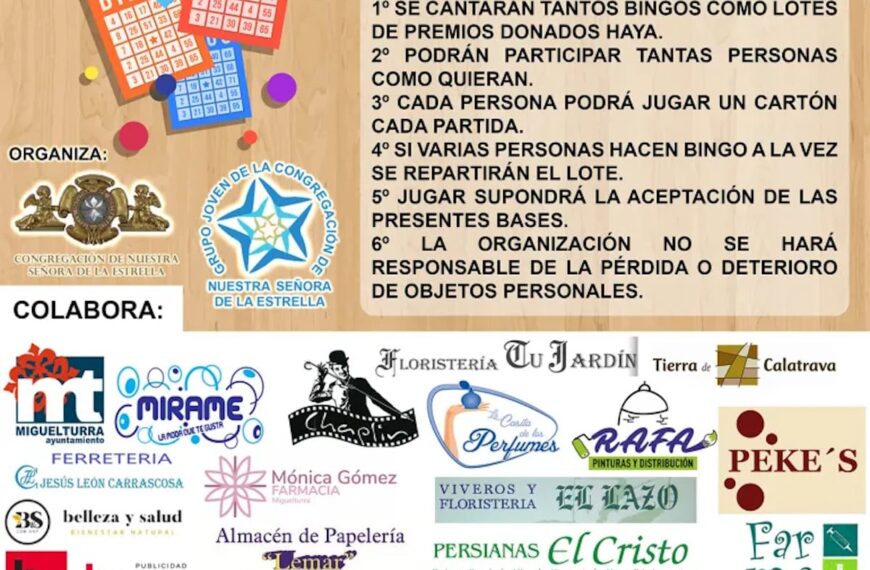 6º Bingo Solidario mañana 12 de septiembre a las 21:30  en la Plaza de la Virgen de Miguelturra