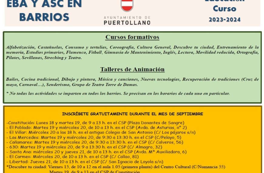 Inscripciones del programa municipal de Educación Básica de Adultos y animación sociocultural de Puertollano abren hoy 18 de septiembre