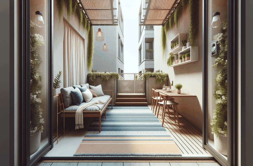 Balcón Angosto se Renueva con Estilo: Alfombra Exterior y Muebles Personalizados