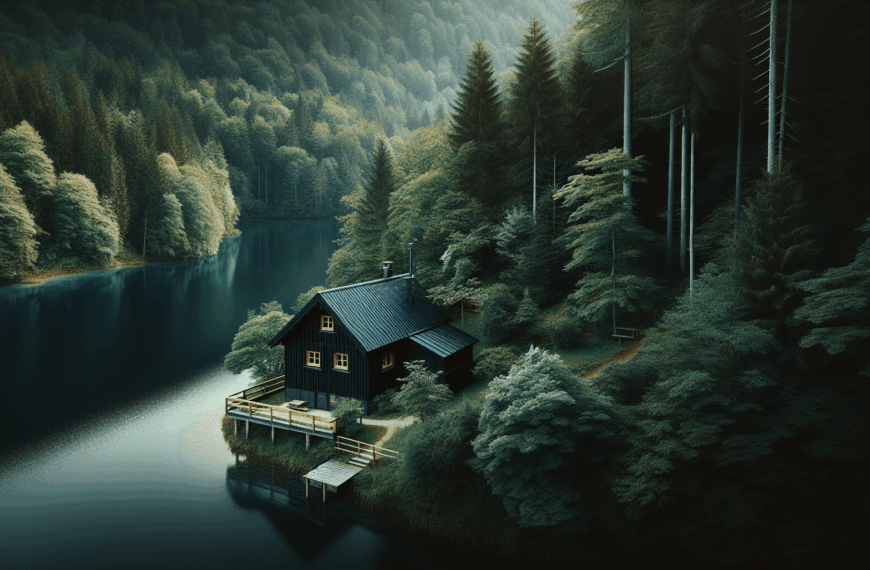 Refugio Secreto: Cabaña Negra de Madera en el Bosque Junto al Lago