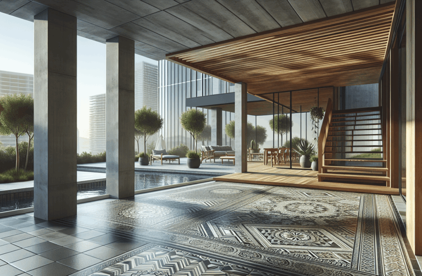 Transformación de Terraza Sorprende con Elegante Suelo de Baldosa Hidráulica Minimalista