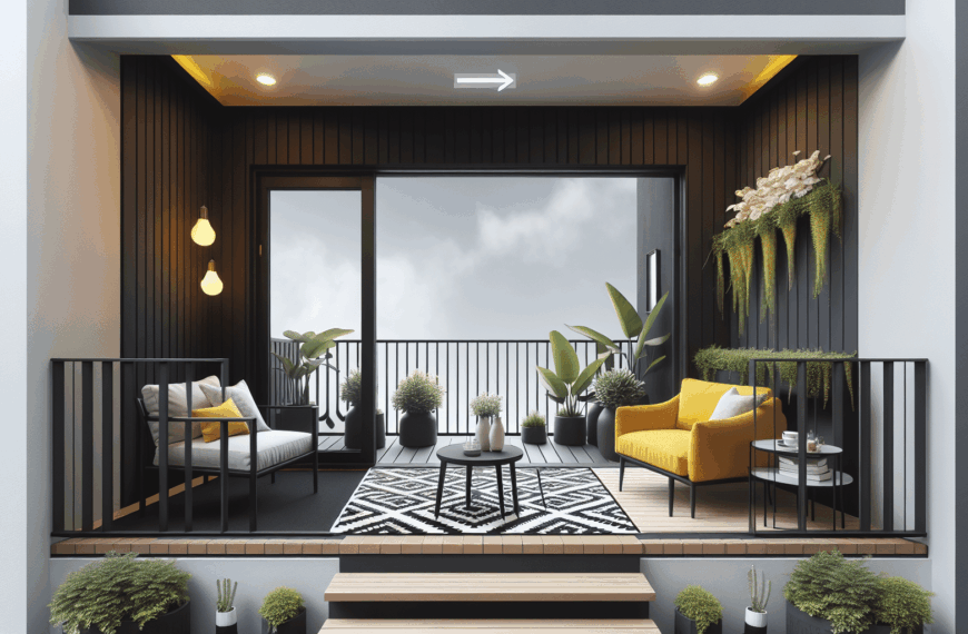 Renovación Espectacular: De Pequeño Balcón a Espacio Chic con Alfombra Blanco y Negro y Muebles Amarillos