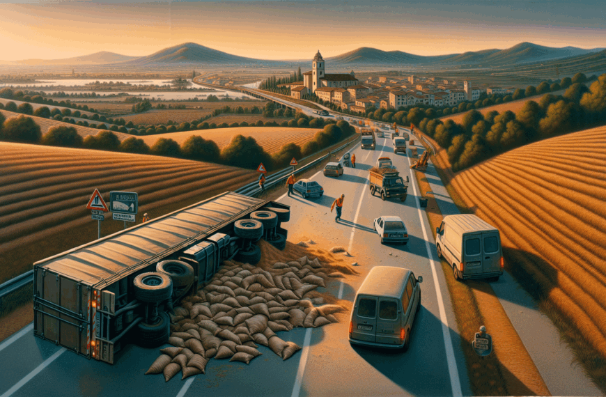 Reabre la CM-4202 en Almodóvar tras el vuelco de un camión de sacos de pienso que interrumpió el tráfico.