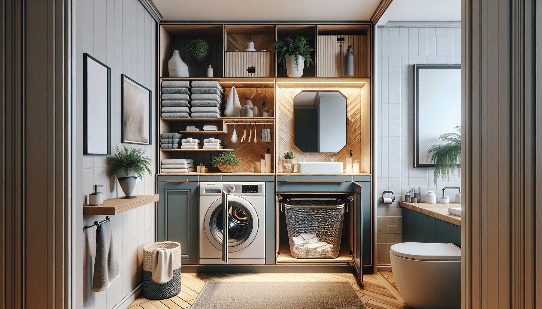 Organización Innovadora: Mueble de Baño con Cesto de Ropa Sucia Integrado