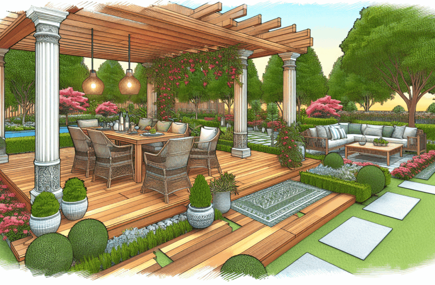 Jardín de Diseño con Porche y Área de Comedor al Aire Libre