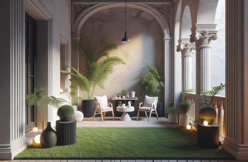 Renovación de un Balcón Antiguo: Césped Artificial y Mobiliario Minimalista para Crear un Espacio Acogedor