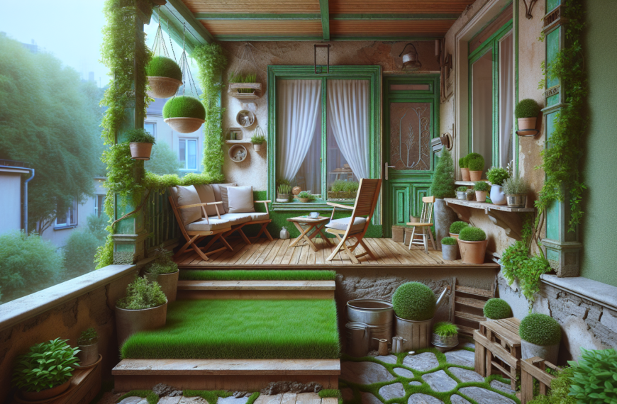 Renovación Sofisticada: Transformación de un Antiguo Balcón en un Oasis Moderno con Césped Artificial y Mobiliario Minimalista