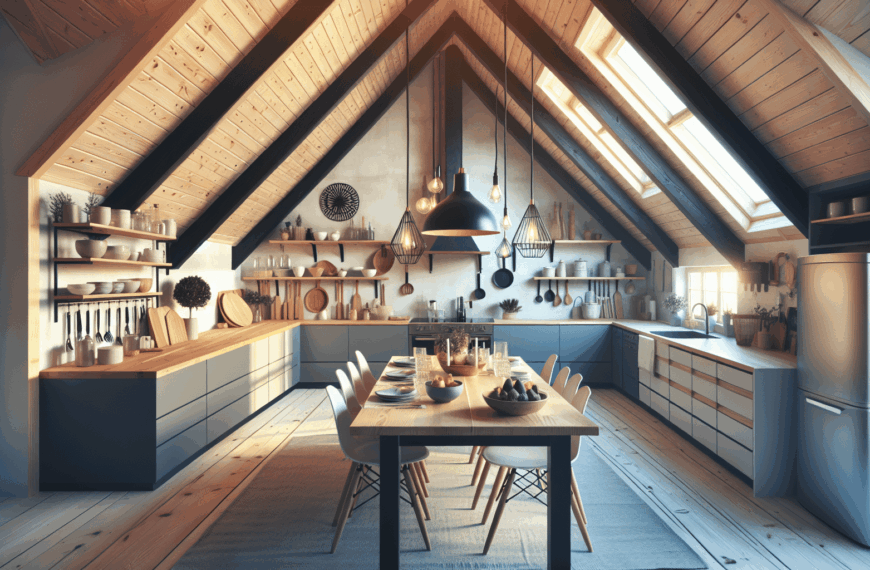 Encanto Nórdico: Cocina Abierta con Techo Inclinado y Vigas de Madera Expuestas