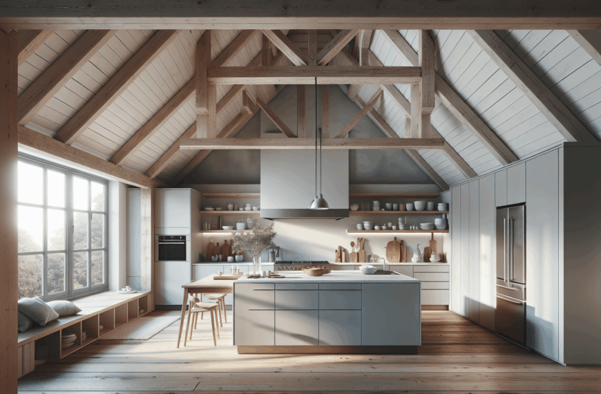 Elegancia Escandinava: Cocina Abierta con Techo Inclinado y Vigas de Madera al Descubierto