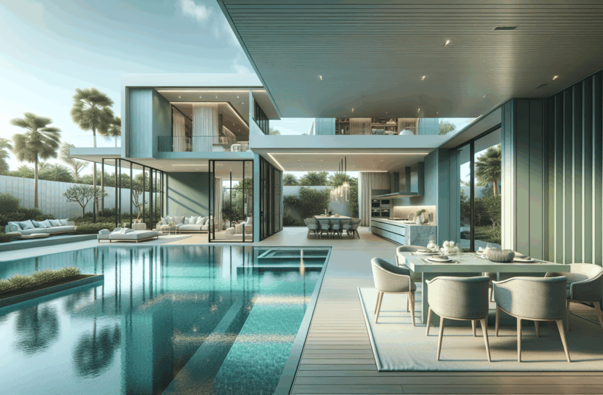 Refugio Contemporáneo: Elegancia Verde Menta con Piscina y Cocina de Alta Gama