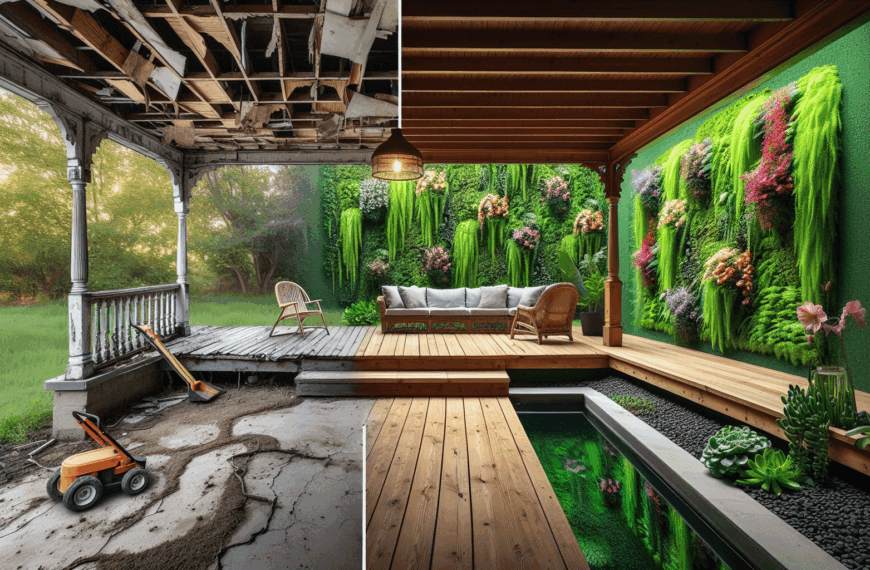 Transformación Asombrosa: De un Porche Abandonado a un Acogedor Refugio Exterior con Suelo Hidráulico y Jardines Verticales