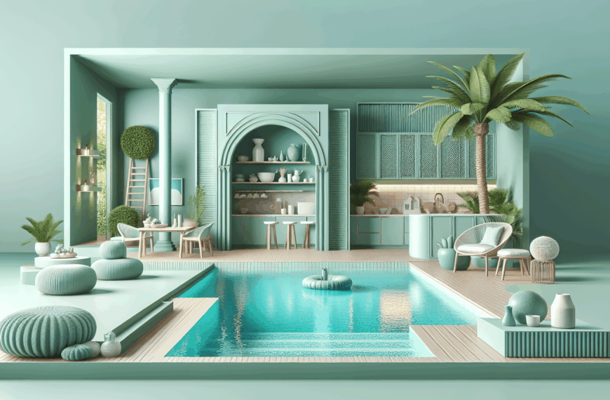 Estilo y Frescura: Un Paraíso en Verde Menta con Piscina y Cocina Elegantes