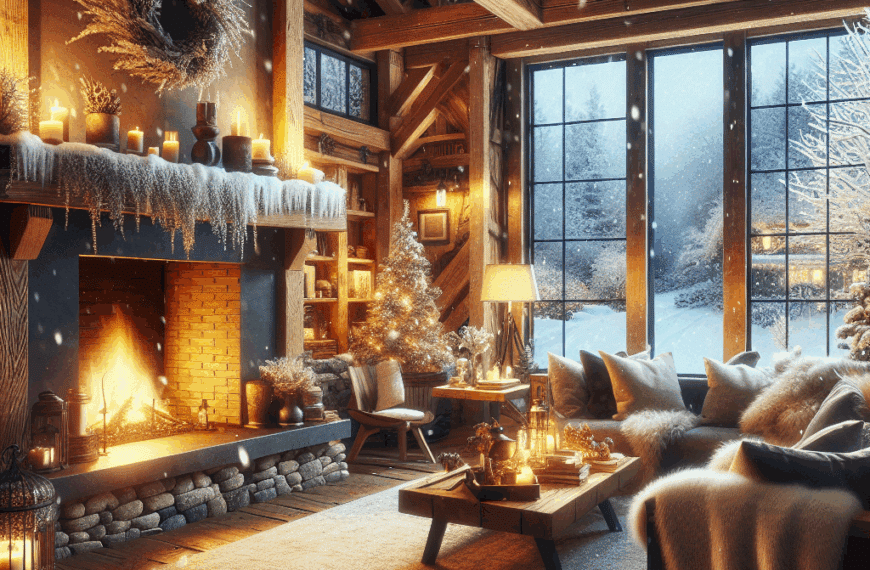 Aromas de Invierno: Elegancia Acogedora con Vigas de Madera y Chimenea