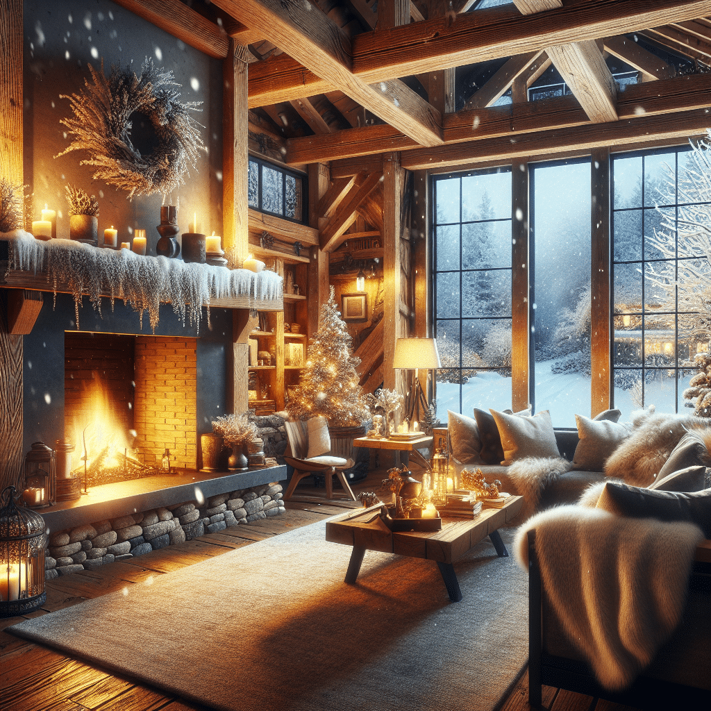 Aromas de Invierno: Elegancia Acogedora con Vigas de Madera y Chimenea