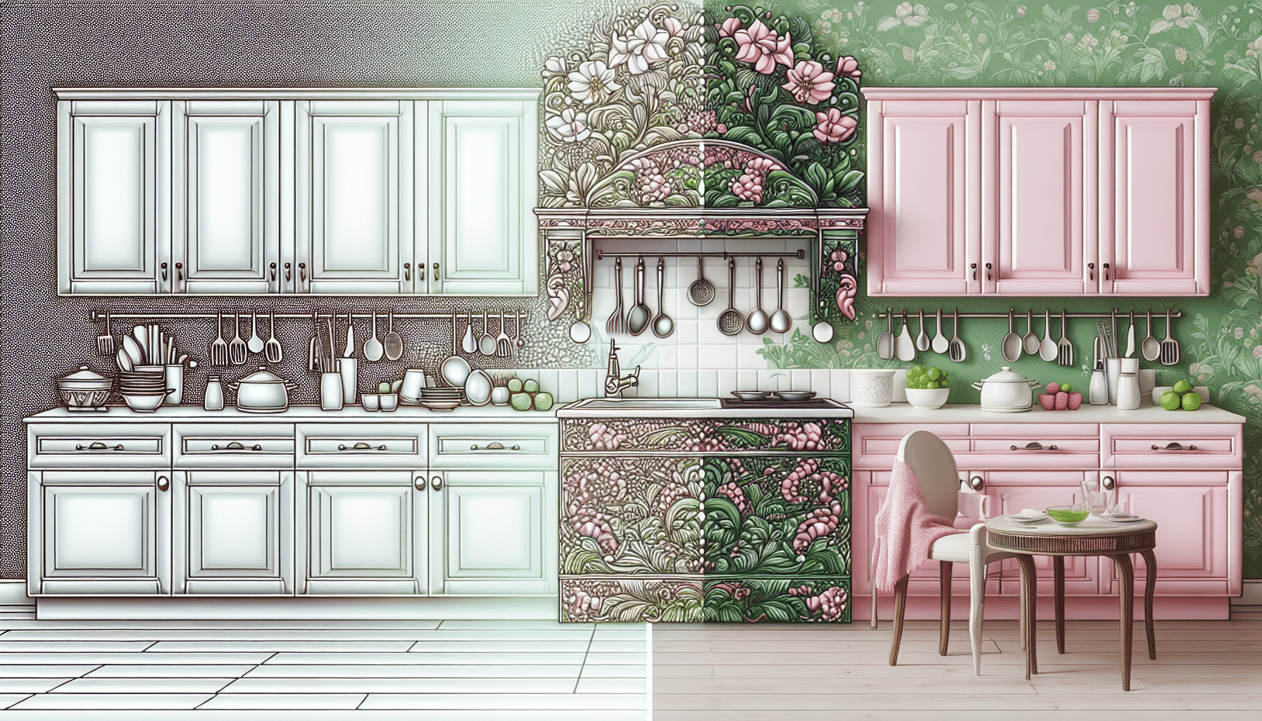 Del Minimalismo Blanco al Esplendor del Verde y Rosa en la Cocina